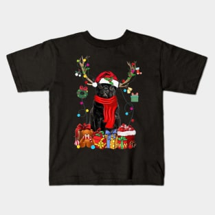Black Pug Reindeer Xmas Lights Merry Christmas Kids T-Shirt